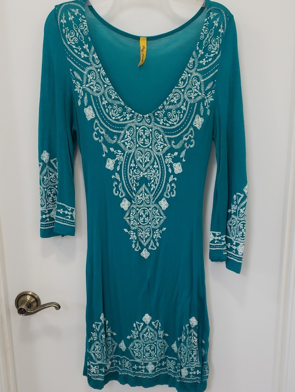 〰️Pure Intent〰️ Teal Long Sleeve Faux Embroidered V-Neck Dress S